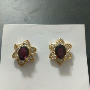 Gold Tone Red and Clear Rhinestone 6 Point Floral Statement Earrings